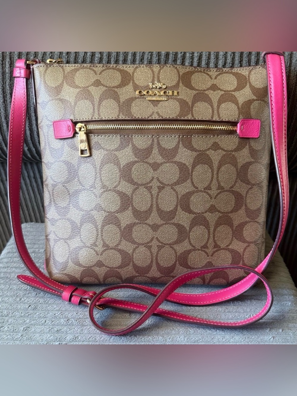 Coach Rowan File Crossbody Bag In Signature Khaki/ Hot Bold Pink Purse